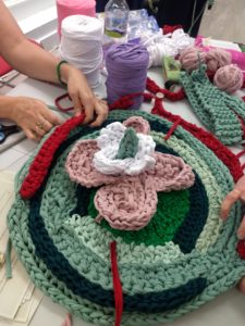 Giant finger knitting in progress of a giant south american water lily