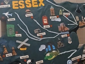 embroidered map of essex with landmarks and placenames